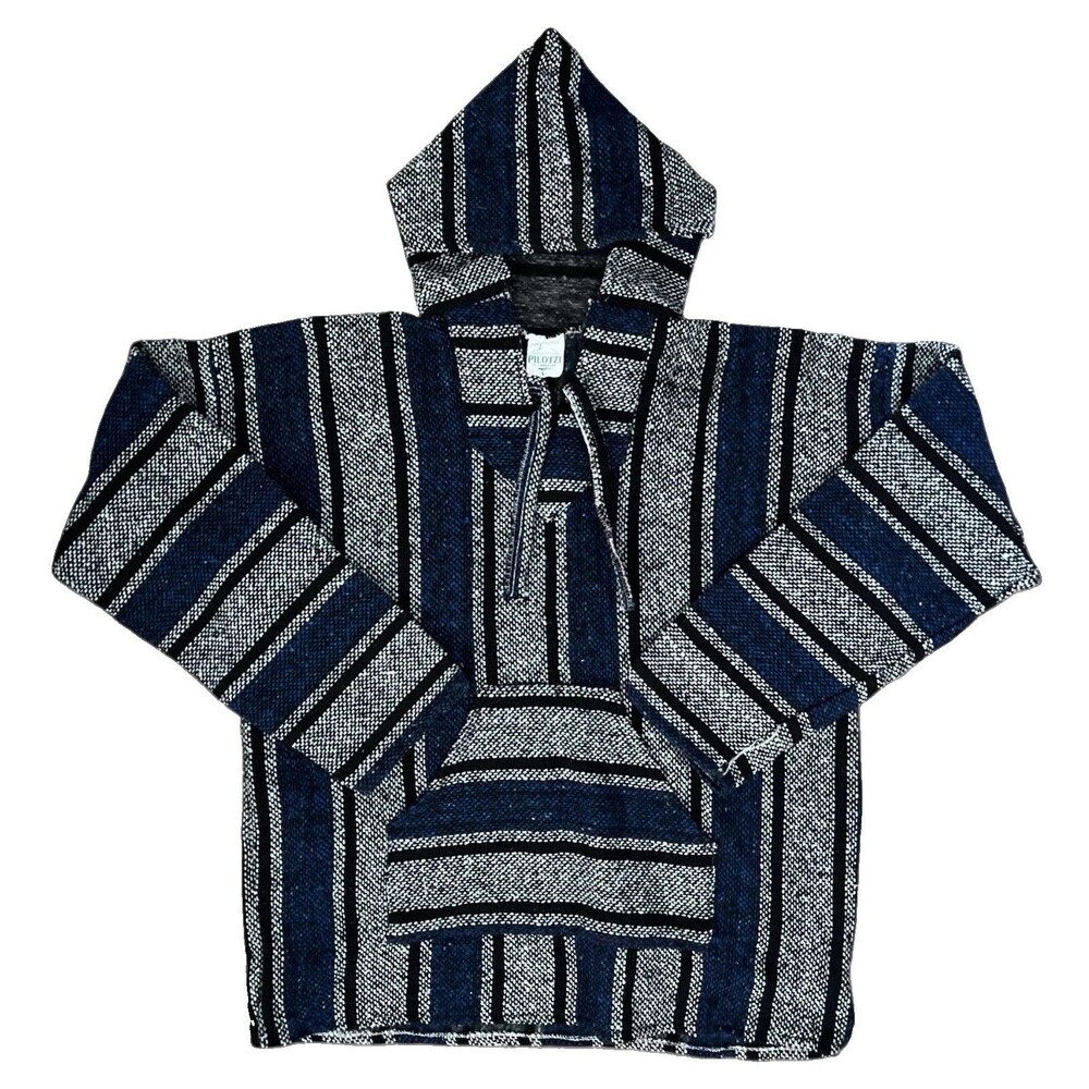 Pilotzi Baja Hoodie Poncho Sweater Men’s Large Black Blue Striped Drug Rug Boho
